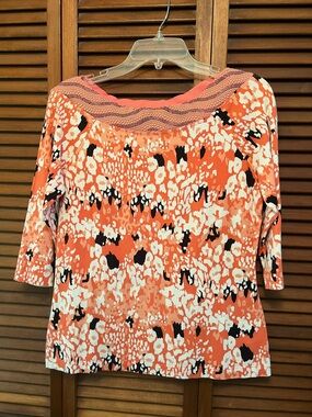 Orange Patterned Boatneck Blouse with Embellished Neckline
